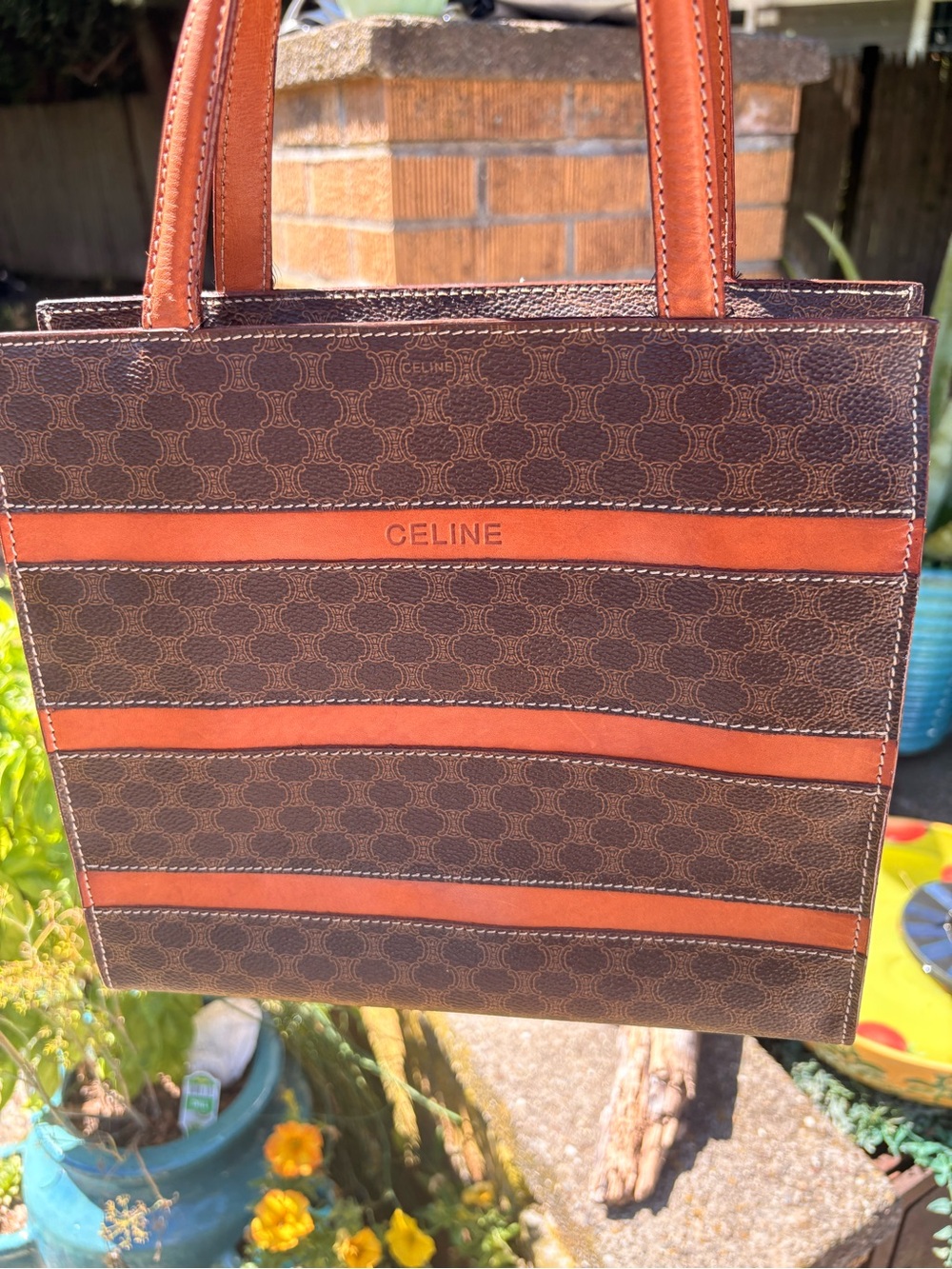 CELINE Brown & Tan Canvas macadam stripe small tote